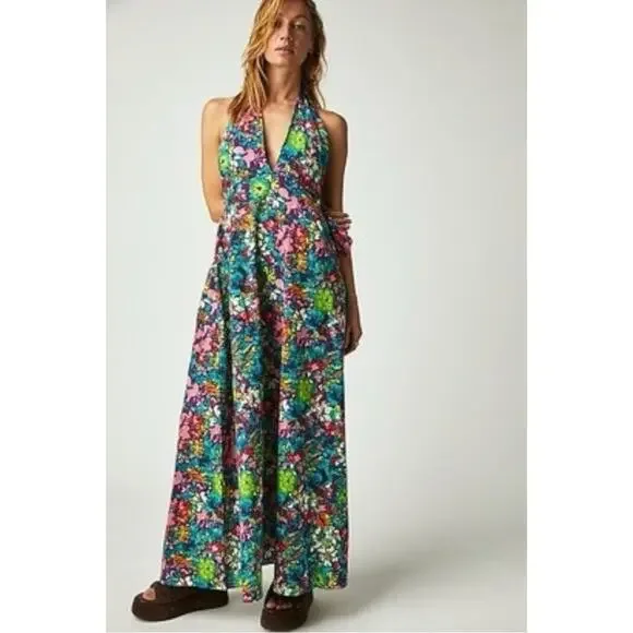 Free People Retro 60s 70s Floral Psychedelic Saffron Halter Maxi Dress Large - Picture 4 of 14